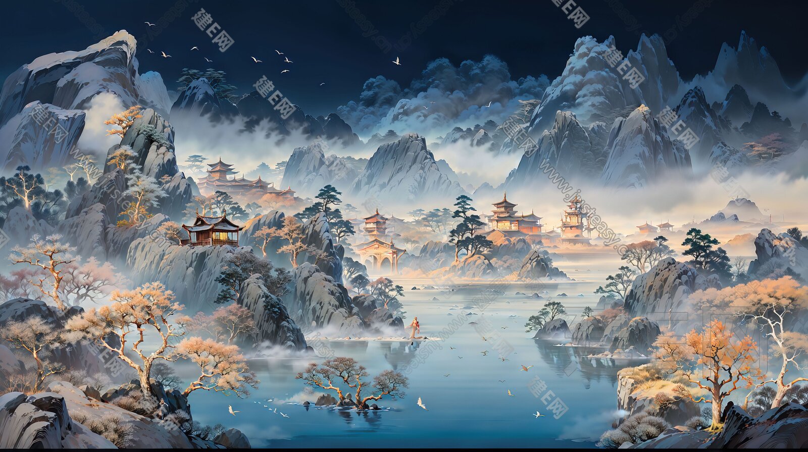 新中式山水国风壁纸背景墙3d贴图下载[ID:110780008]_建e贴图