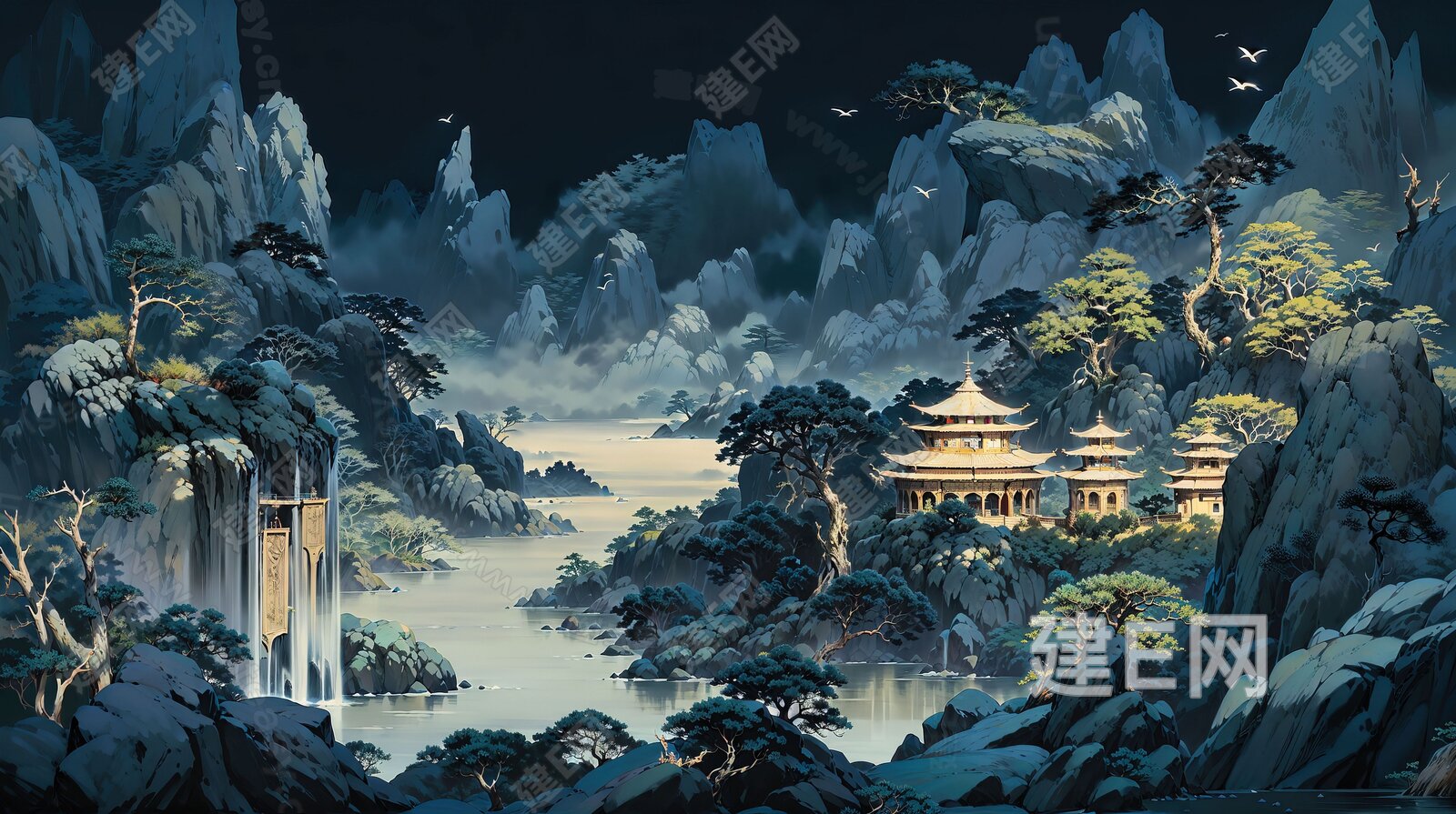 新中式山水国风壁纸背景墙3d贴图下载[ID:110779963]_建e贴图