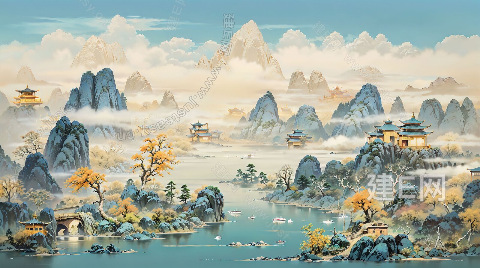 新中式山水国风壁纸背景墙3d贴图下载[ID:110779915]_建e贴图