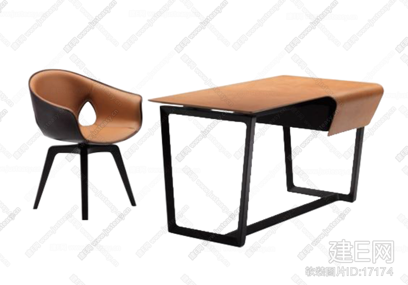 现代橙色皮质书桌椅
